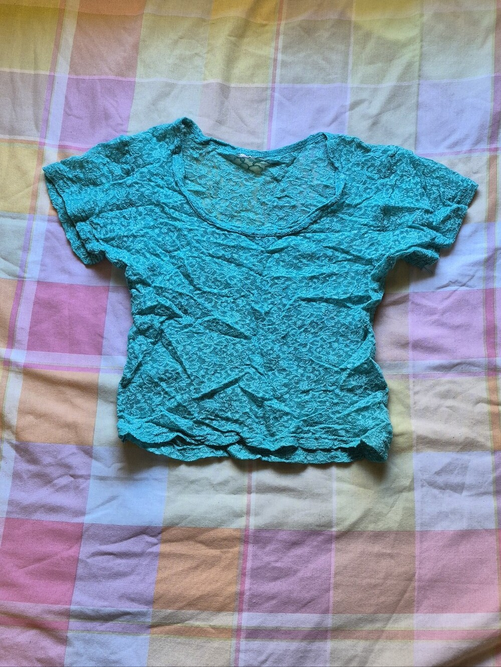 Turquoise Lace Short Sleeve Crop Top